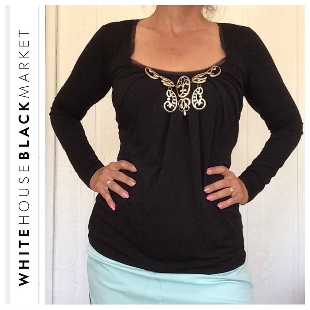 WHBM BLACK LONG SLEEVE EMBELLISHED TEE NWT SMALL